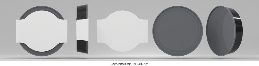 3D Black round plastic food container with empty white wrapping paper front, side and angle view. Realistic mockup disposable box takeaway with transparent lid, packaging isolated on grey background