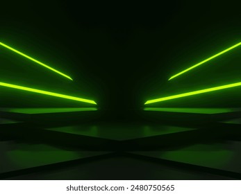 3D black scientific background with green neon lights.