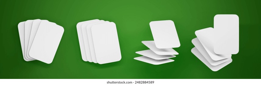 3d blank playing cards mockup for poker, blackjack, board games on green casino table background render. Isolated empty white paper deck cards, flying and falling stacks gambling set. 3D Illustration