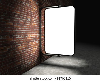 3d Blank Street Advertising Billboard On Brick Wall At Night