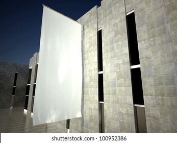 3d Blank Street Advertising Flag On Building Wall