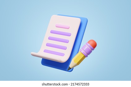 3D Blank White Sheet, Clipboard And Pencil Floating On Blue Background. Copywriting, Notepad, Writing On Document, Note Taking, Project Plan Concept. Cartoon Icon Minimal Style. 3d Render Illustration