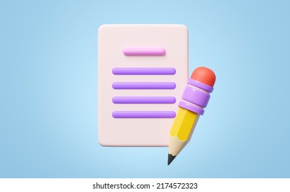 3D Blank White Sheet And Pencil Floating On Blue Background. Copywriting, Notepad, Clipboard, Writing On Document, Note Taking, Project Plan Concept. Cartoon Icon Minimal Style. 3d Render Illustration