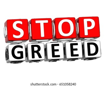 3D Block Red Text STOP GREED over white background. 