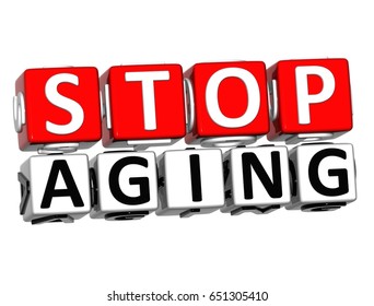3D Block Red Text STOP AGING over white background. 