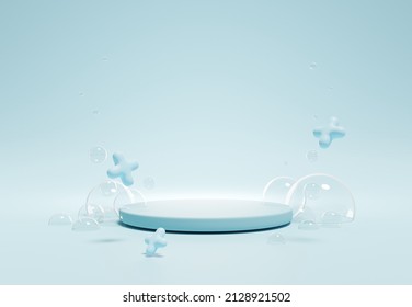 3D Of  Blue Empty Round Podium With Bubbles Foam For Baby Cleaning Products.