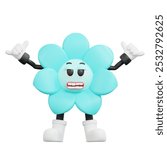 3d Blue flower retro character with arms and legs, white shoes and a goofy smile. Suitable for childrens books, stationery, and greeting cards.