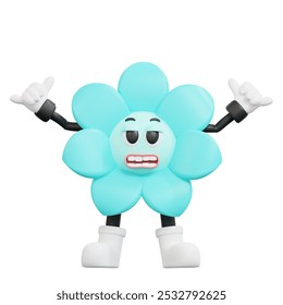 3d Blue flower retro character with arms and legs, white shoes and a goofy smile. Suitable for childrens books, stationery, and greeting cards.