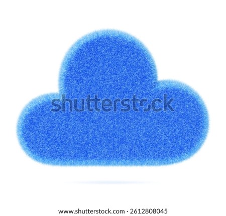 3d blue fluffy cloud icon. Weather forecast symbol with hairy texture. Soft plush logo for app or web design. Nature design element, meteorology object isolated on white background. 3D Illustration