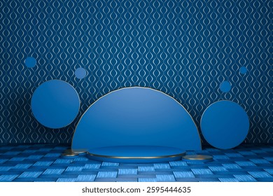 3D A blue geometric studio featuring a podium, circular backdrop and patterned wall and flooring.