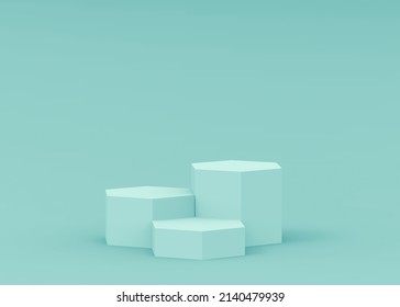 3d Blue Green Hexagon Podium Minimal Studio Background. Abstract 3d Geometric Shape Object Illustration Render. Display For Technology Medical And Science Product.