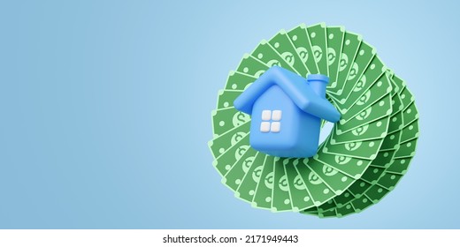 3d Blue House Out Of Banknote. Home Model Icon With Windows, Cash Dollar Floating On Blue Background. Financial Investment Growth Concept. Mockup Cartoon Icon Minimal Style. 3d Render Illustration