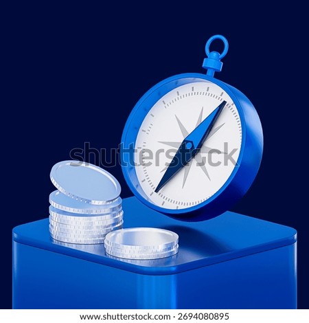 3D blue metallic compass floating above stacked coins on dark blue podium background. Symbol of finance, investment, navigation, and travel guidance in modern illustration.