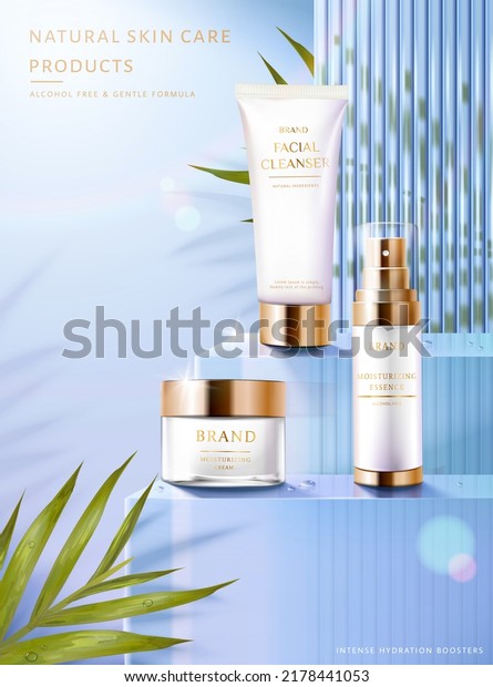 3d blue minimal skincare kit ad template. Product
mock-ups displayed on glass stages with wavy shape divider and palm
leaves.