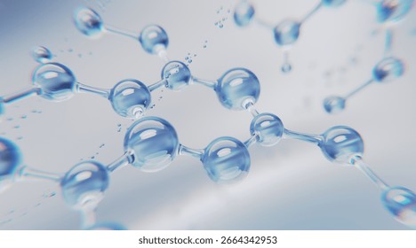 3D blue molecule structure in soft glowing light, representing hydration science, skincare innovation, and advanced beauty cosmetic research.