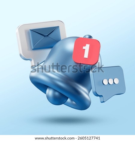 3D blue notification bell with a red badge, email, and chat icons floating around it on a light blue background. Represents new message alerts and digital communication.