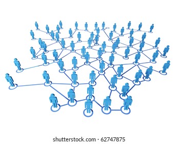3d blue people on virtual web connection white background