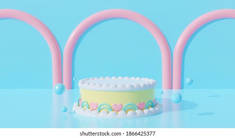 3d Blue Podium Background Abstract Candy Dessert Cake Cartoon. Creative Ideas Minimal Summer Food. 3d Rendering For Pastel Banner, Display Product Mockup Design. Anniversary Celebration Birthday Party