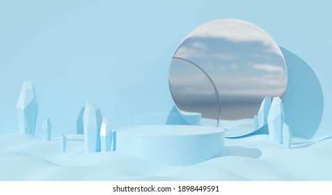 3d Blue Podium On Pastel Background Abstract With Mirror. Creative Ideas Minimal Scene  In Nature. 3d Render For Winter Holiday Greeting Card, Banner, Pedestal, Display Product Mockup.