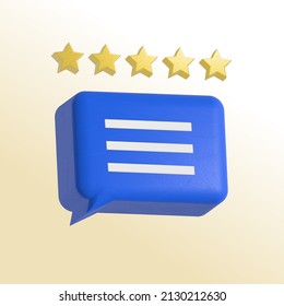 3d blue rendering rounded rating stars icon. Bubble chat with three line and five stars. Product review, testimonial icon for online shop