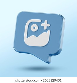 3D blue speech bubble featuring a white photo icon with a plus sign, floating on a light blue background. Represents adding media, uploading content, or sharing images online.