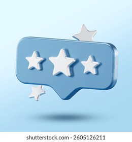 3D blue speech bubble with floating white stars on a light blue gradient background. Symbolizes customer review, star rating, feedback, or online evaluation.