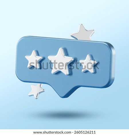 3D blue speech bubble with floating white stars on a light blue gradient background. Symbolizes customer review, star rating, feedback, or online evaluation.