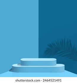 3D blue with two stairs empty display podiums for product advertising on blue two-tone background. 3D rendering of display podium and background. 3d illustration.