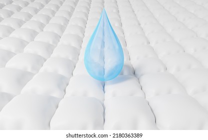 3D Blue Water Drop Fall Onto Absorbent Pad. Close Up Of White Ventilate Sheet, Foam Layer, Cotton Wool Materials For Baby And Adult Diapers, Sanitary Pad, Water Absorbing Cloth Advertising. 3d Render.