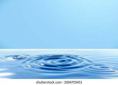 3d Blue Water Ripples Background. Illustration Of Multiple Ripples On Wavy Ocean Water