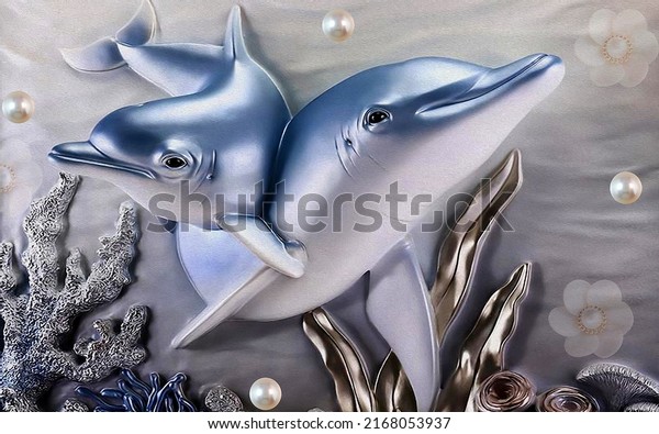 Print your own 3D blue whale fish wallpaper and pearls nice background.