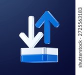 3D blue and white up and down arrows icon on a modern pedestal, symbolizing data exchange, upload and download, growth and decline, comparison, and business performance trends.