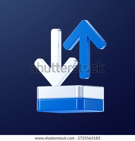 3D blue and white up and down arrows icon on a modern pedestal, symbolizing data exchange, upload and download, growth and decline, comparison, and business performance trends.