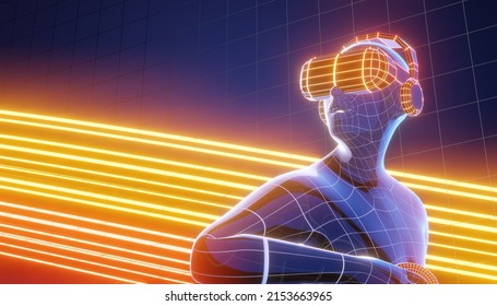 3D blue wireframe virtual human wear orange VR headset on light orange dark background. 3D illustration rendering