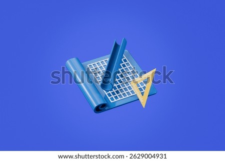 3D Blueprint and Construction Tools icon. triangle ruler, ideal for architecture, and engineering presentations. Minimal Cartoon Blueprint for build construction plan before start building. 3d render.