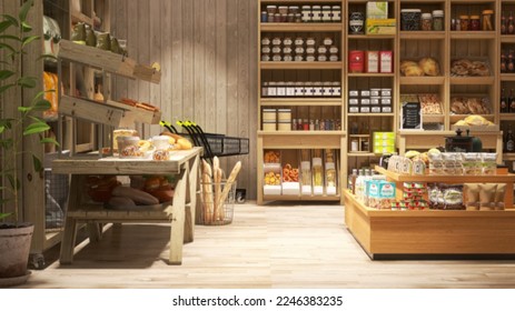 3D Blurred bakery and deli section in supermarket with wooden wall, parquet floor, variety of bread, bun, bagel, snack on shelf for grocery shopping lifestyle, interior design decoration background - Powered by Shutterstock