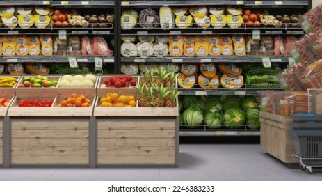 3D Blurred produce section in modern supermarket, variety of fresh, organic fruit, vegetable on refrigerator shelf, wooden bucket for grocery shopping lifestyle, interior design decoration background - Powered by Shutterstock