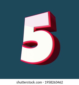 3D Bold Glossy Number 5. White And Red Color Scheme. 3D 5 Number