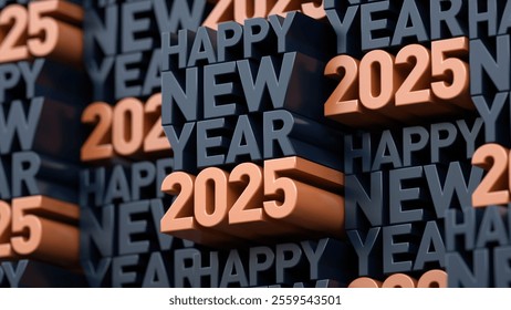 3D bold text with Happy New Year 2025 in modern black and copper tones, celebrating the upcoming year with a festive design - Powered by Shutterstock