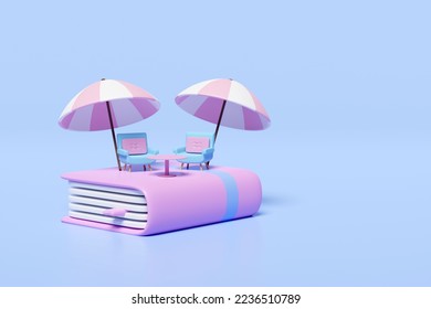 3d book with coffee table, sofa chair, umbrella isolated on pink background. summer vacation concept, 3d render illustration, clipping path