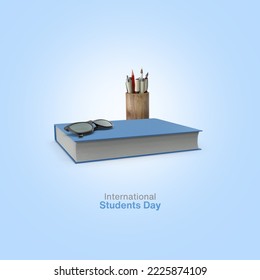 3d book, eye glass and penholder represent  International Students Day. 3d illustration. - Powered by Shutterstock