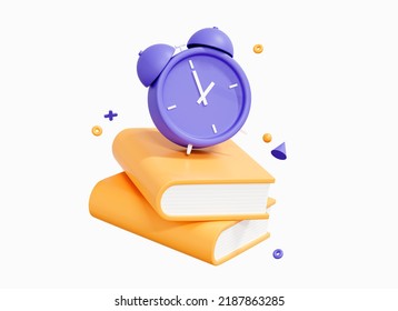 3D Books With Alarm Clock. Back To School. Education Concept. Notebook For Study. Time To Work In Office. Floating Element. Cartoon Creative Design Icon Isolated On White Background. 3D Rendering