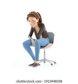 3d Bored Cartoon Woman Sitting On Chair, Illustration Isolated On White Background