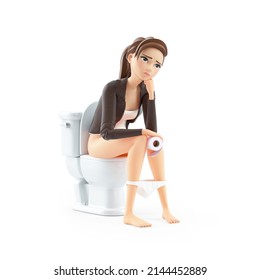 3d Bored Cartoon Woman Sitting On Toilet, Illustration Isolated On White Background