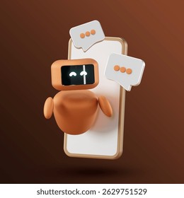 3d bot with speech bubble floating above the laptop smartphone. Artificial intelligence technology, online customer support concept. Cute and friendly character, consulting assistant, robotic device.