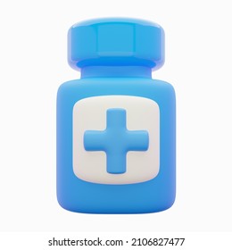 3d Bottle Pill Icon. Rendering Illustration Of Blue Color Medicine Cure With Plus Sign Isolated On The White Background. Cartoon Cute Medicament, Antibiotic Plastic Container.