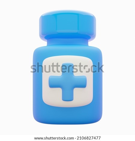 3d bottle pill icon. Rendering illustration of blue color medicine cure with plus sign isolated on the white background. Cartoon cute medicament, antibiotic plastic container.
