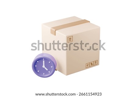 3d box with clock icon. delivery time concept. Minimal cartoon package parcel and clock similar to fast shipping express logistics online shopping isolated on white transparent background. 3d render

