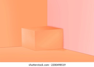 3D Box For Product Photography Set Up. Photography Studio For Cosmetic Products. Pink Background For Product Advertisement. 3D Cube With Orange Background For Professional Photography.