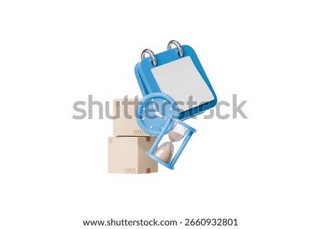 3d box time management icon. logistics concept. Minimal cartoon delivery box calendar clock hourglass for shipping, schedule, express delivery isolated on white transparent background. 3d render